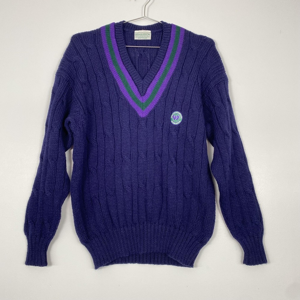 Wimbledon Sweater Mens XL Purple Tennis V Neck Kent & Curwen Cable‎ Knit Wool